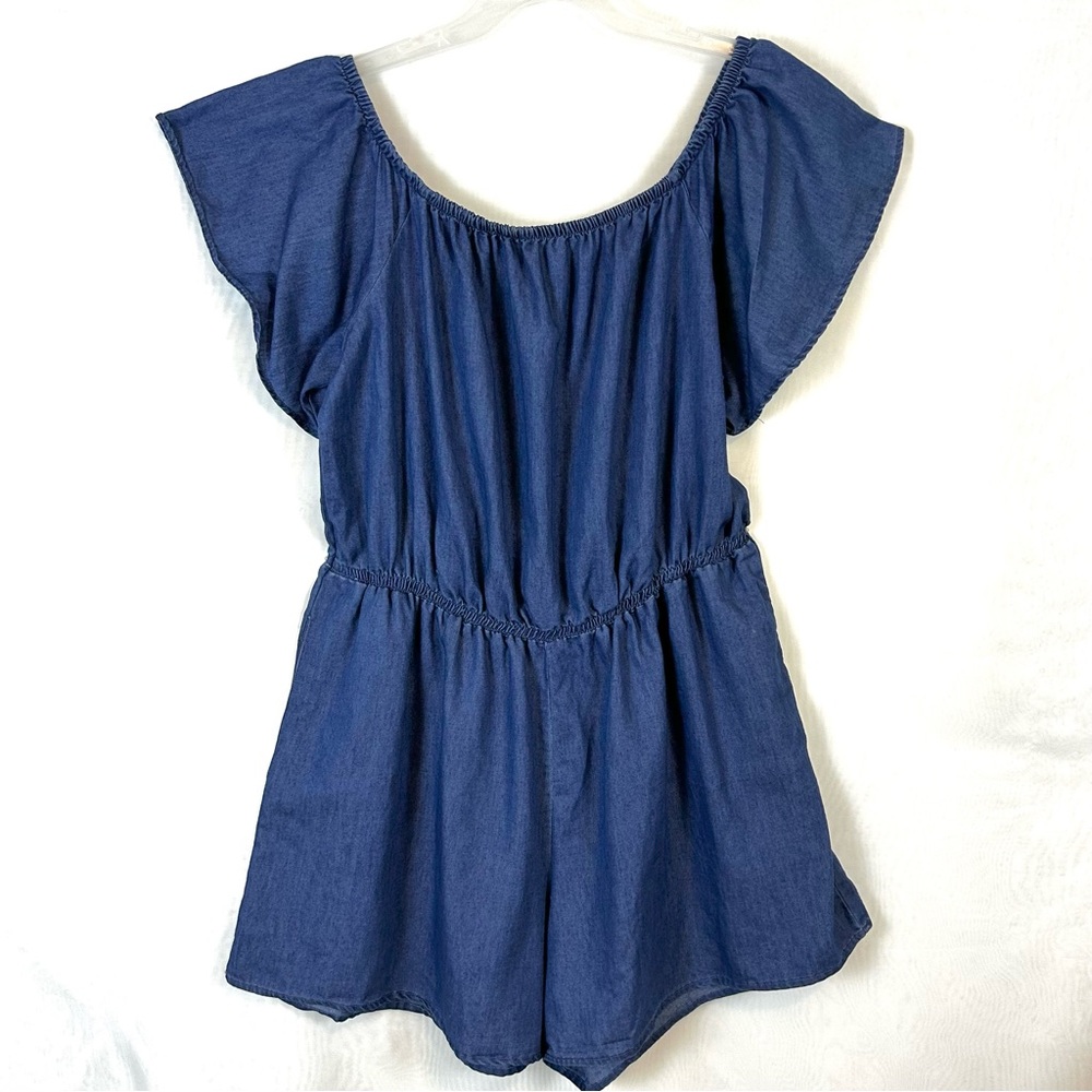 Women’s Chambray Blue Summer Pocket Shorts Romper / Size 2XL